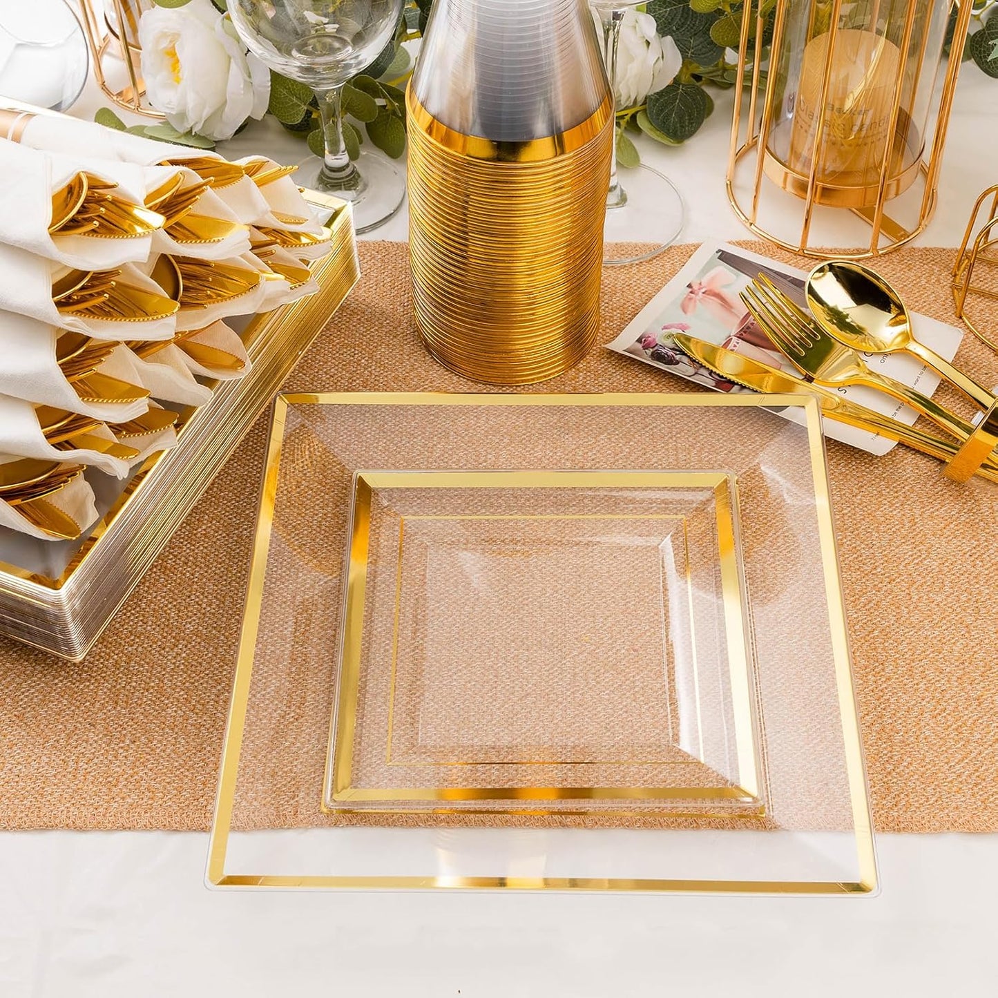 Goodluck 352-Piece Clear Plastic Dinnerware Set for 50 Guests, Includes: 100 Clear Square Plates with Gold Trim, 50 Rolled Napkins, 50 Cups, 50 Cutlery Set and 2 Tablecloths