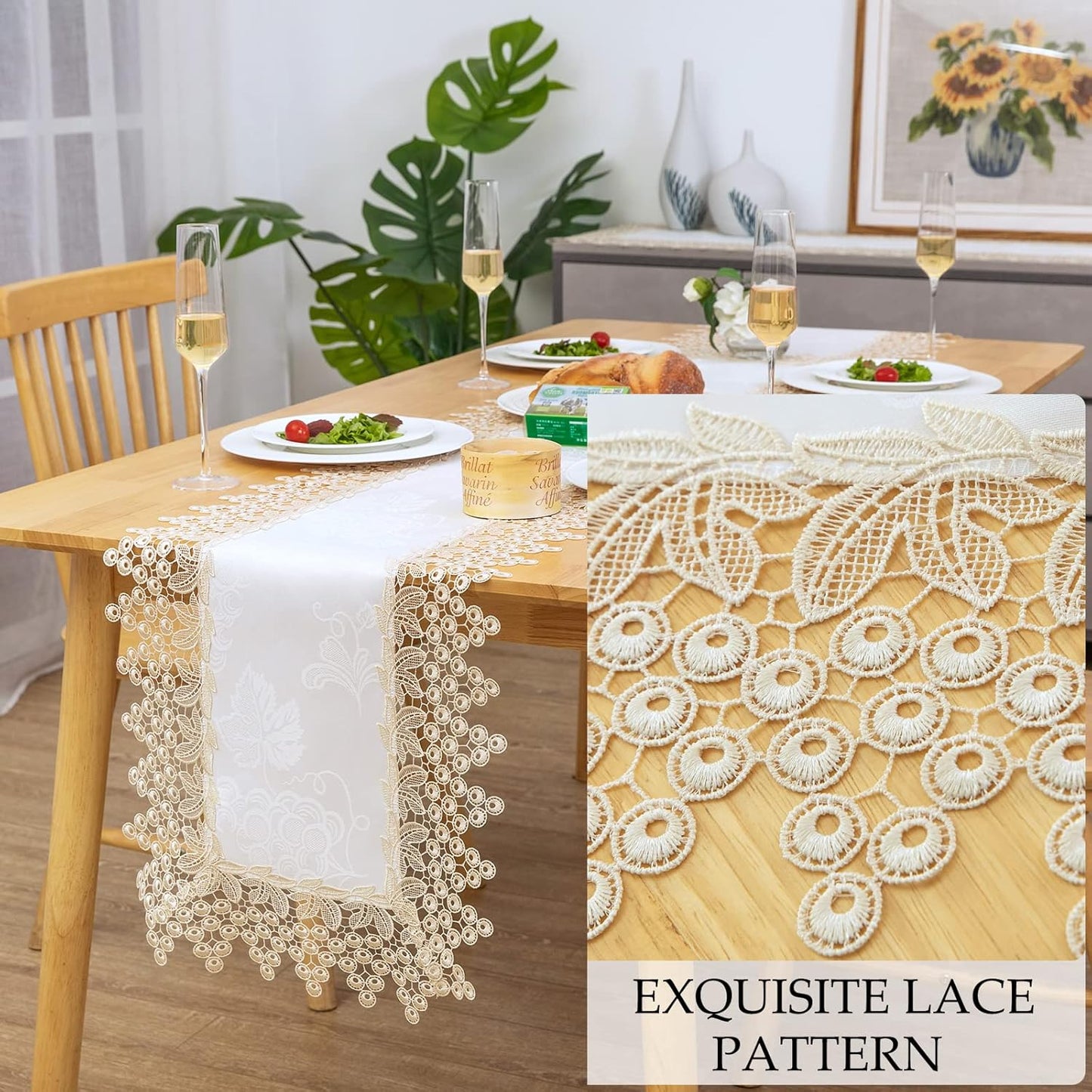 Beige lace Premium Rectangle Farmhouse Tablerunner Waterproof OilProof SpillProof AntiShrink Soft Wrinkle Resistant Decorative Fabric Table Cover Kitchen Dinning Party Wedding banque