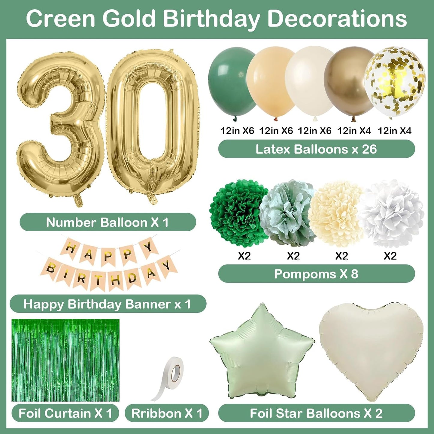 Sage Green 30th Birthday Decorations for Him Gold Number 30 Balloon Nude Gold Happy Birthday Banner Fringe Curtain Paper Pom Poms Olive Green Cream White Sand Star Foil Balloons Party Decor