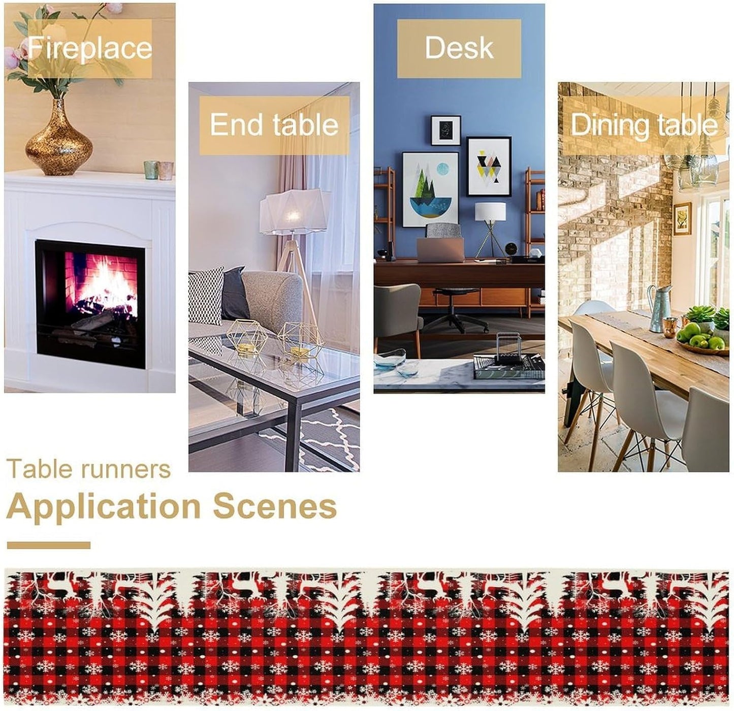 Christmas Table Runner,Red Black Plaid Xmas Snowflakes Deer Trees Print Tablecloth Burlap for Hotel Indoors Outdoor Dining Room Kitchen Home Decor,W13X L60 in