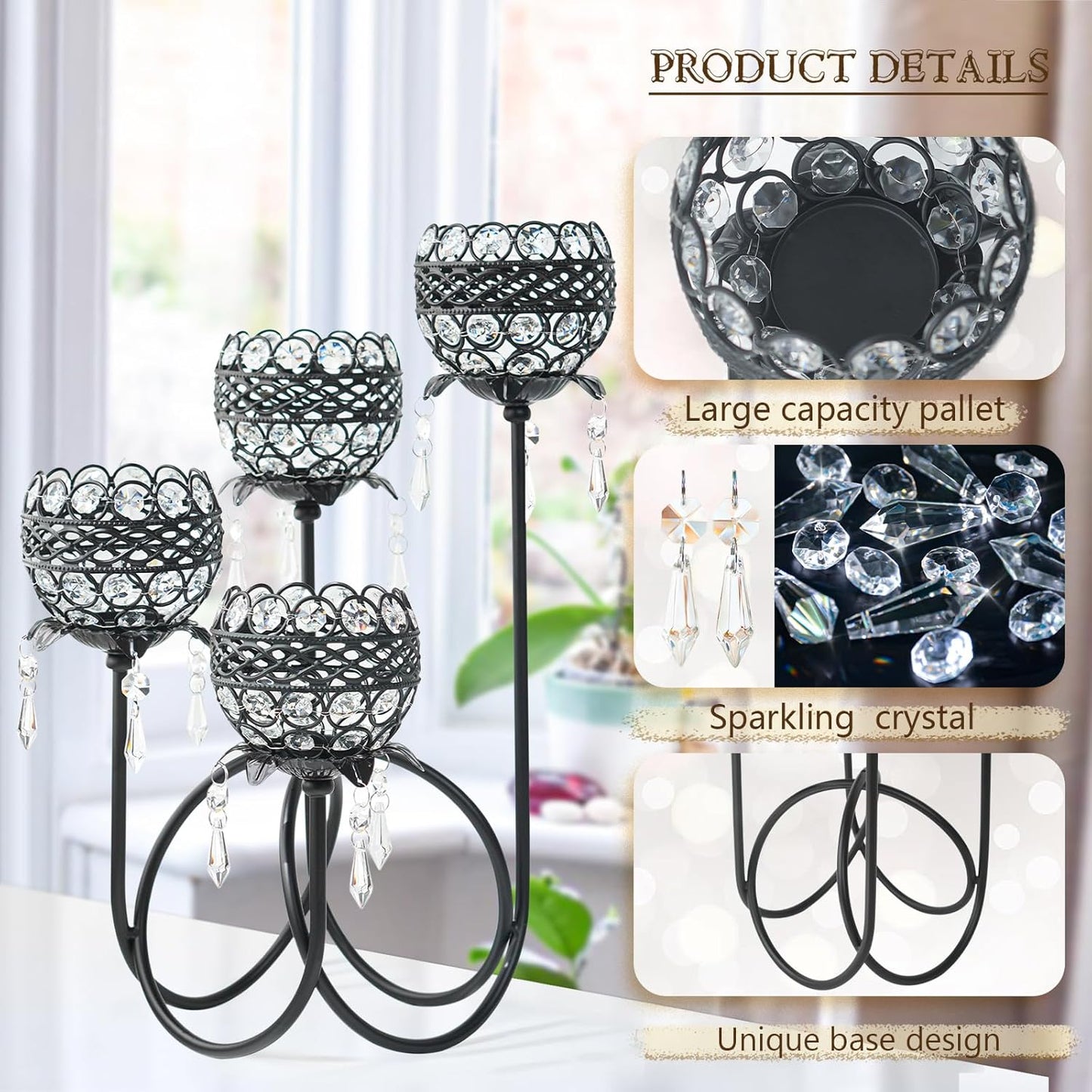 4 Arms Crystal Candelabra Tealight Holder - Tall 15.7 Inch Elegant Centerpiece with Crystal Pendant Bowls & Artistic Metal Stand for Wedding, Dining Table, Home Decor (1, Black)