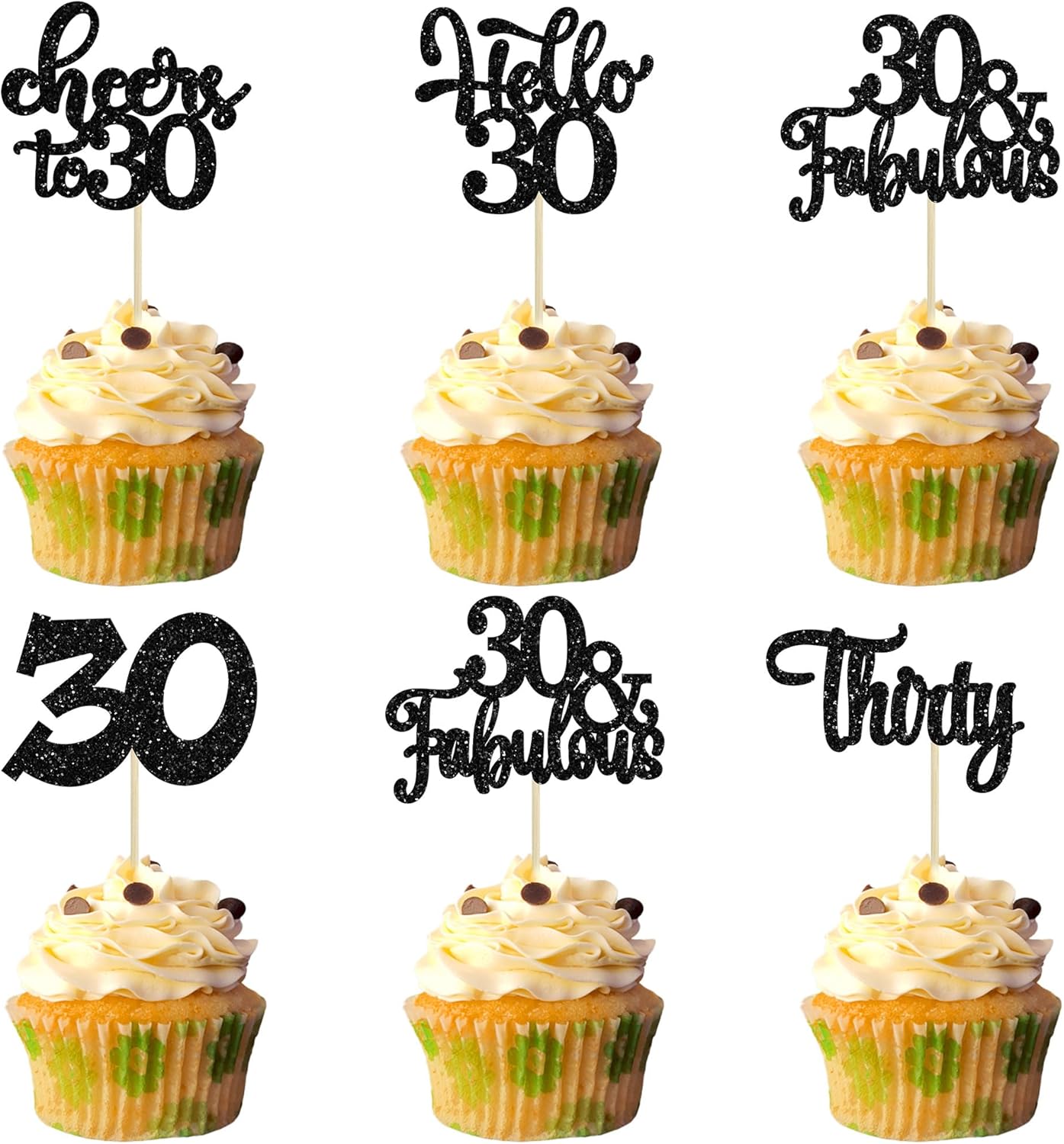 30Pcs Happy 30th Birthday Cupcake Toppers Black Glitter Thirty Cheers to 30 Birthday Cupcake Picks for Happy 30th Birthday Anniversary Party Cake Decorations Supplies
