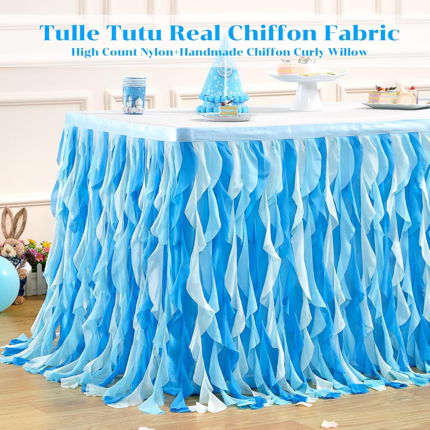 Partisky Ocean Blue Tulle Tutu Ruffle Curly Willow Table Skirt for Rectangle Table 17ft,Under The Sea Baby Shark Themed Table Cloth for Boys Girls Birthday Party or Baby Shower