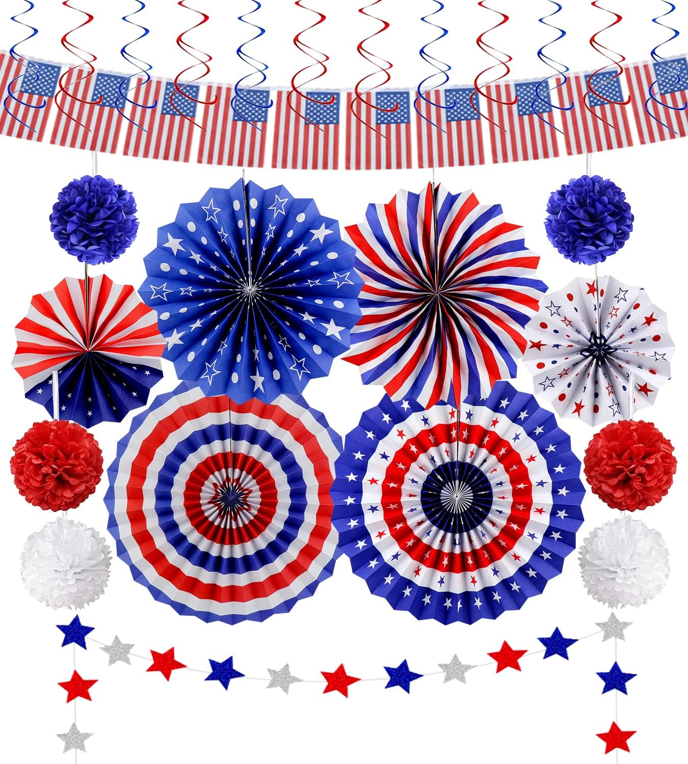 26Pcs 4th of July Decorations Patriotic Decor USA Flag String Red White Blue Paper Fans Star Streamer Pom Poms Hanging Swirls for Memorial Day,Fourth of July,Armed Forces Day,Flag Day