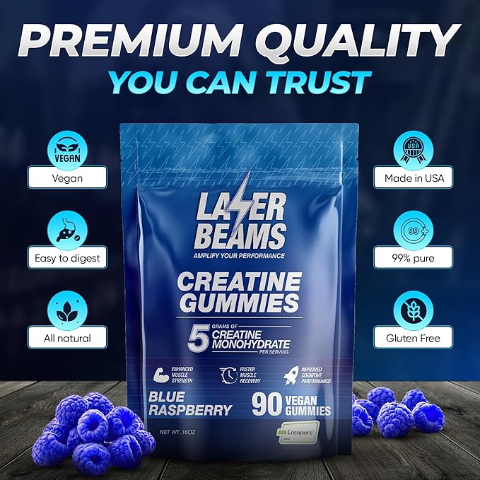 Creatine Monohydrate Gummies for Women & Men- 5g Creapure Creatine per Serving - Vegan, Blue Raspberry Flavor - Boost Muscle Strength, Endurance, Recovery & Mental Focus (90 Gummies)
