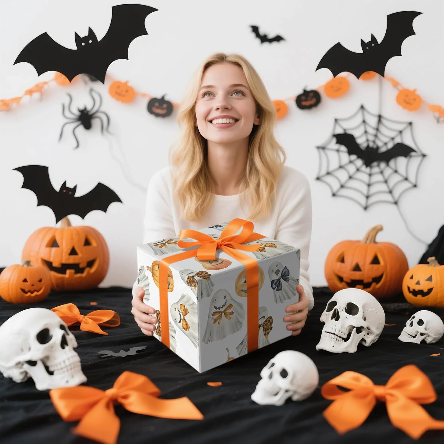 LeZakaa Halloween Wrapping Paper Roll for Kids, Watercolor Ghosts Pumpkins with Bows Spooky Soft Vintage Design, for Trick-or-Treat Decor,Aesthetic Holiday Packaging, Mini Roll 17 in x 16.4 Ft