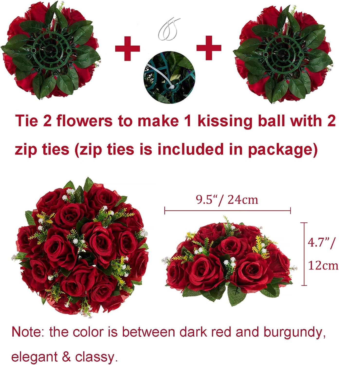 BLOSMON Flower Balls Wedding Rose Centerpieces: 6 Pcs Crimson Fake Flowers Kissing Balls Decor Artificial Floral Arrangements Flower Bouquet of Roses Home Party Table DIY Decorations
