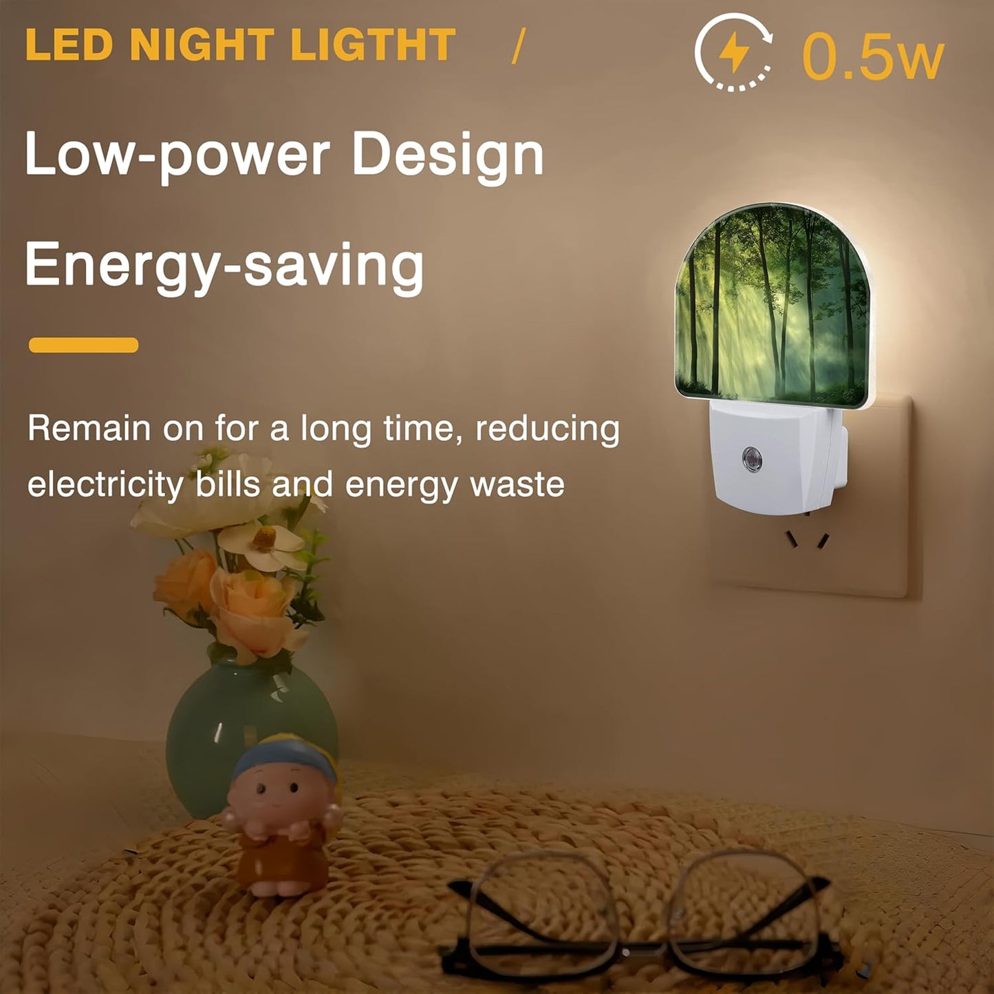 Night Lights Plug into Wall Misty Forest Night Light Dusk to Dawn Smart Sensor Decorative Round Led Lamp for Bedroom Bathroom Kitchen Hallway Nightlight for Women Men