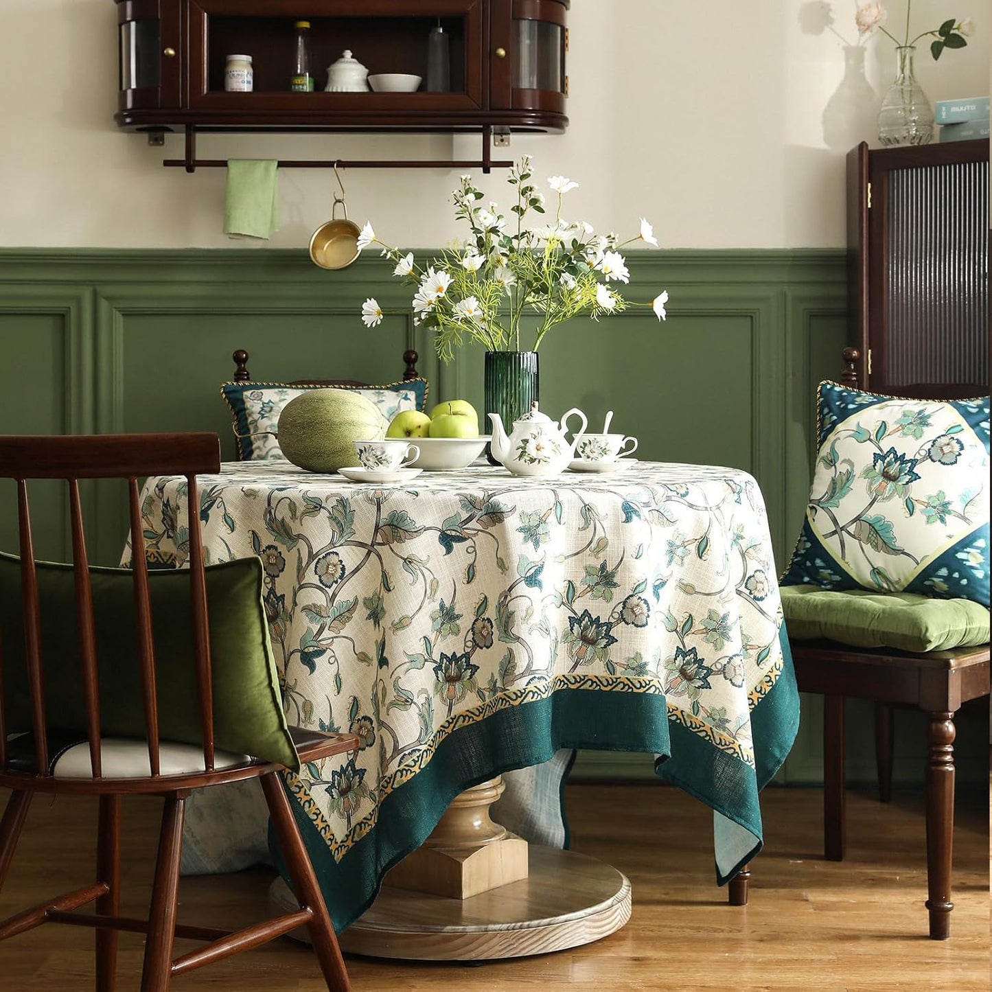 patdrea Designer Green Square Table Cloth,Vintage Floral Linen Durable Breathable French Tablecloth,Dacorative Table Cover for Kitchen Dining,Christmas,Thanksgiving,Tea Party,67"x67"-Noah