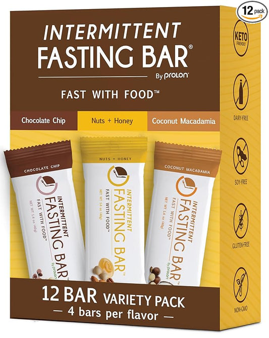 Prolon Fasting Bars | 5g Protein, 7g Fiber | Keto-Friendly, Gluten-Free, Dairy-Free, Plant-Based | Nutrition for Intermittent Fasting | Variety Pack | Nuts & Honey, Chocolate Chip, Coconut Macadamia (12 Count)