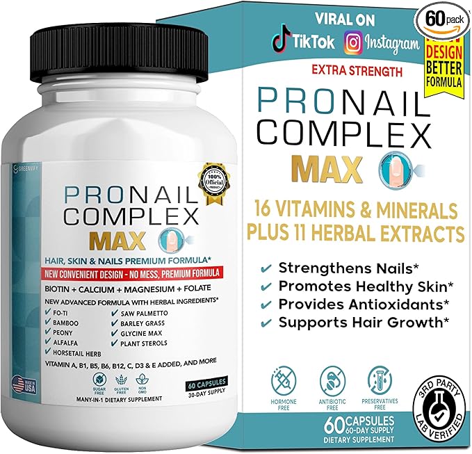 ProNail Complex Max Hair, Skin & Nails Premium Supplement with Biotin & Herbal Blend, 60 Capsules, 30 Day Supply (1)