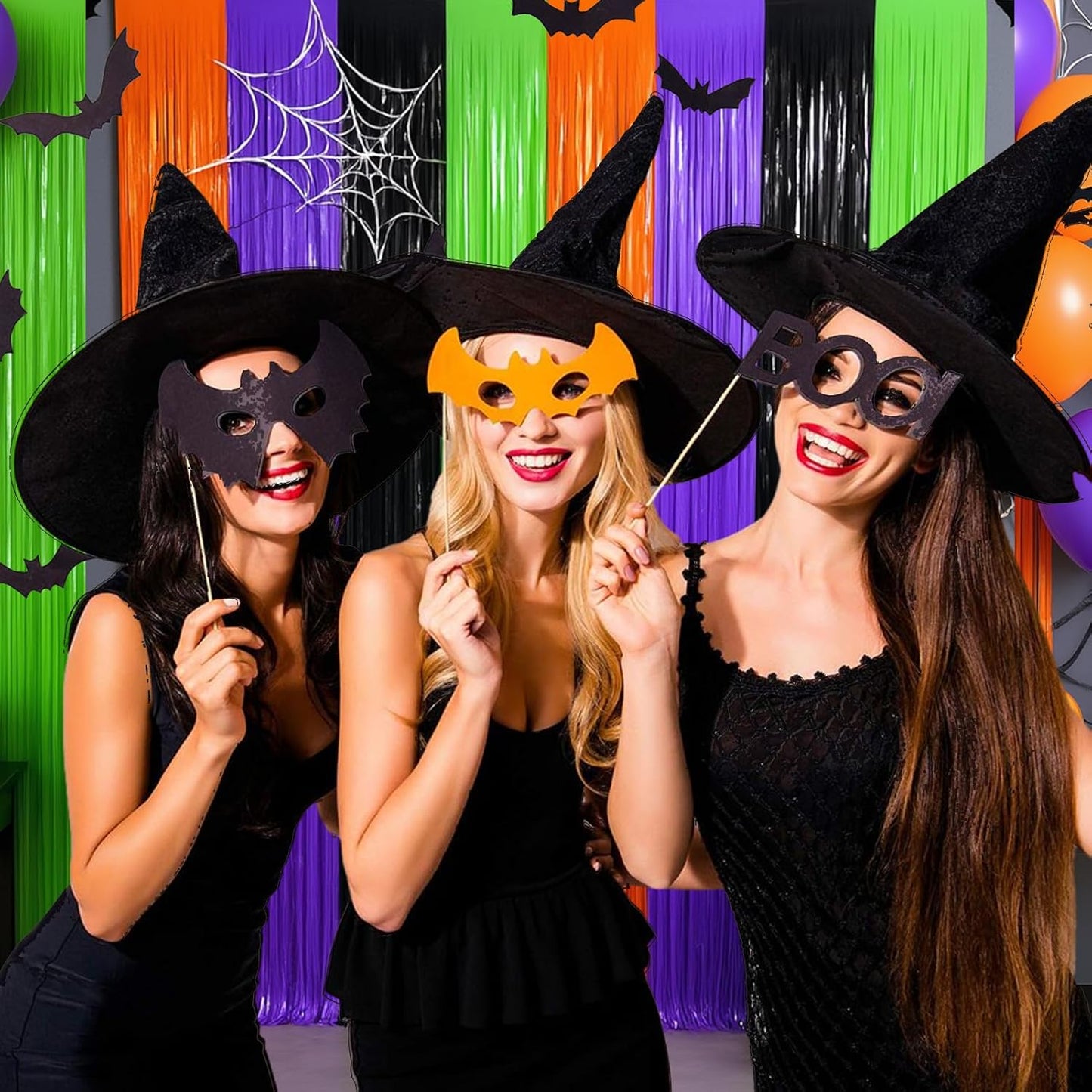 4 Packs Halloween Foil Fringe Curtain, Orange Black Purple and Green Metallic Tinsel Backdrop for Birthday, Baby Shower, Bachelorette, Halloween Party Decorations Favors Supplies Indoor Outdoor