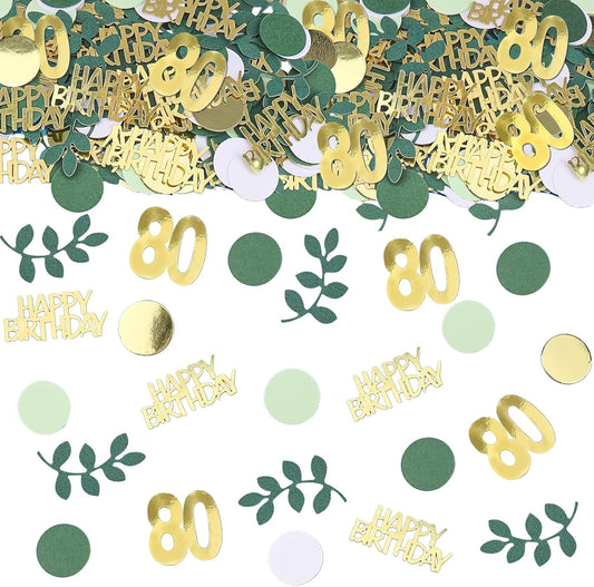 Sage Green 80th Happy Birthday Confetti, 80th Birthday Table Decorations Scatter Green Gold Foil Cake Confetti Decorations for 80 Bday Women Men Party Decor 230 Pcs