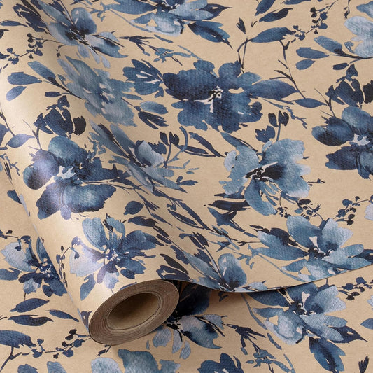 RUSPEPA Blue Floral Wrapping Paper Roll, 17 in x 16.4 ft, Mini Roll, Indigo Gift Wrap, Watercolor Flower Kraft Wrapping Paper Roll for Girls, Women, Spring, Wedding and Birthday