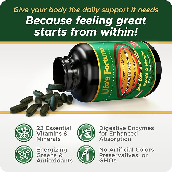 Life's Fortune Whole Food Multivitamin & Mineral, Advanced Energy Support Supplement, Daily Wellness for Men & Women, Amino Acids, 180 Vegetarian Tablets