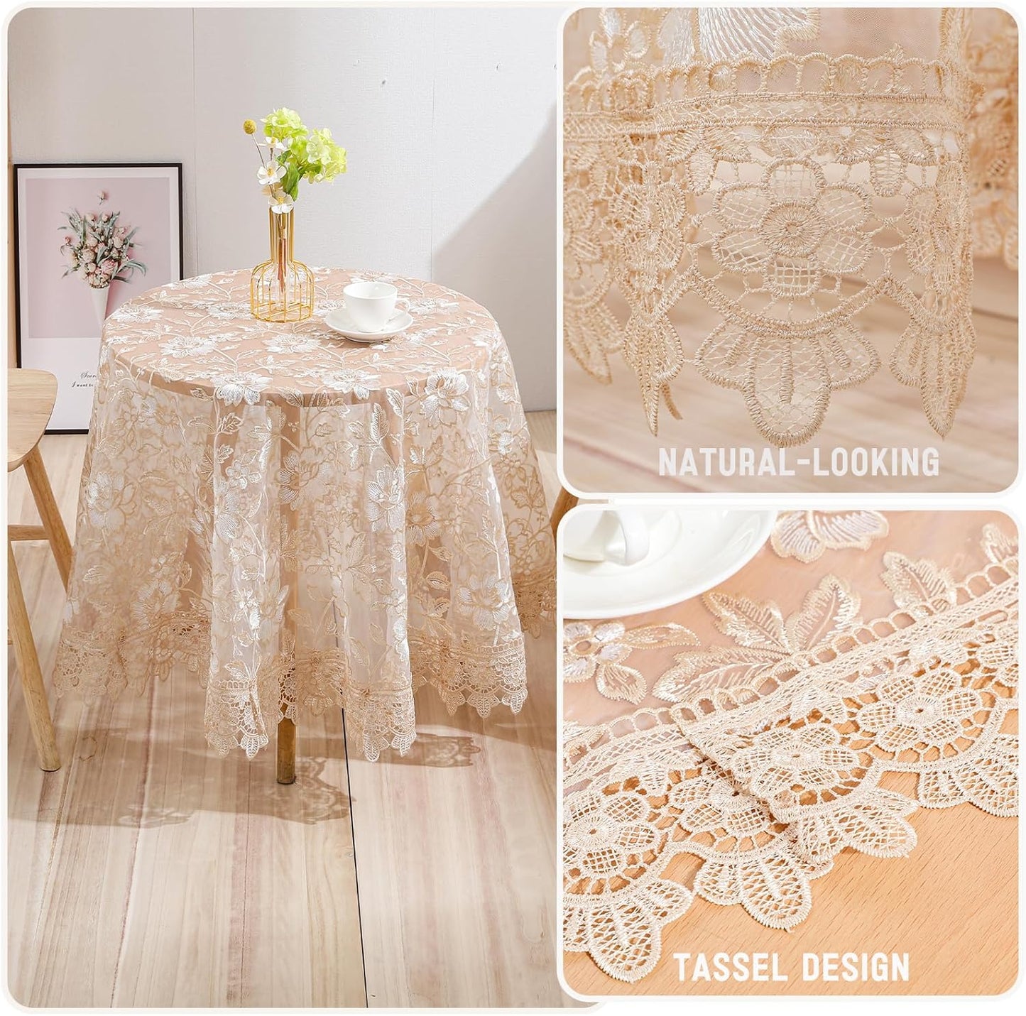 Lace Tablecloth Round Lace Vintage Round Tablecloth Decorative Exquisite Border Table Cover for Party Wedding Home Decorations, Round-48, Beige
