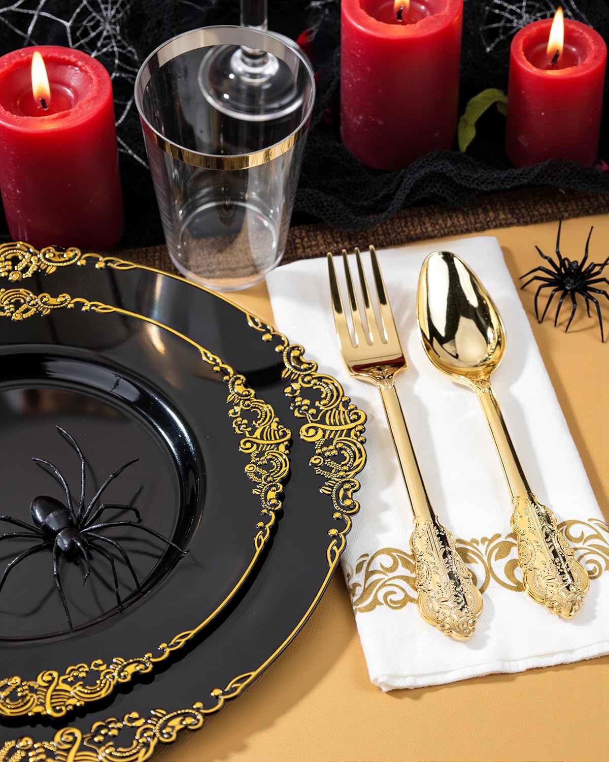 Nervure 350PCS Black Plastic Plates - Black Plastic Dinnerware Sets for 50 Guests - 100 Disposable Plates, 150 Gold Silverware, 50 Cups, 50 Napkins for Wedding & Party & Halloween