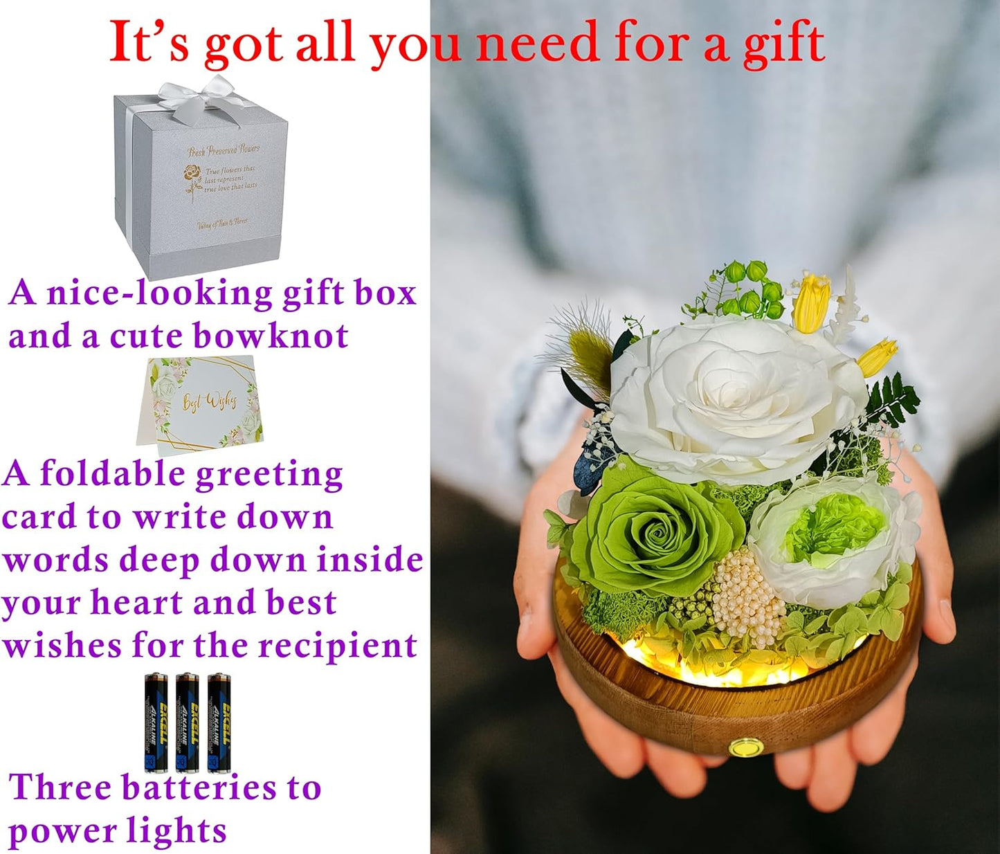 Valley of Rain & Forest Long-Lasting Real Flowers, Unique Floral Gift For you to send Love for All Occasions, for Indoor Decoration (White & Green Roses Arrangement)