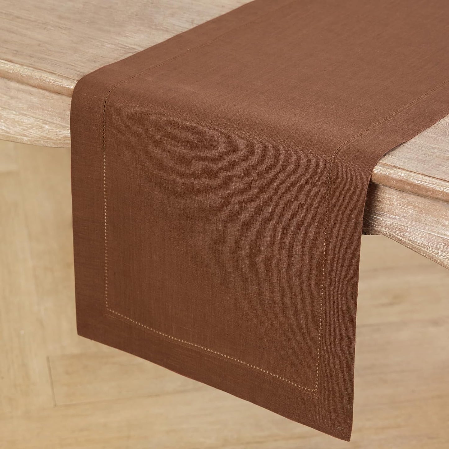 Solino Home Linen Brown Table Runner 72 Inches Long - 100% Pure Linen Hemstitch Table Runner 14 x 72 Inch for Dresser, Dining, Fall, Autumn, Thanksgiving - Classic Hemstitch