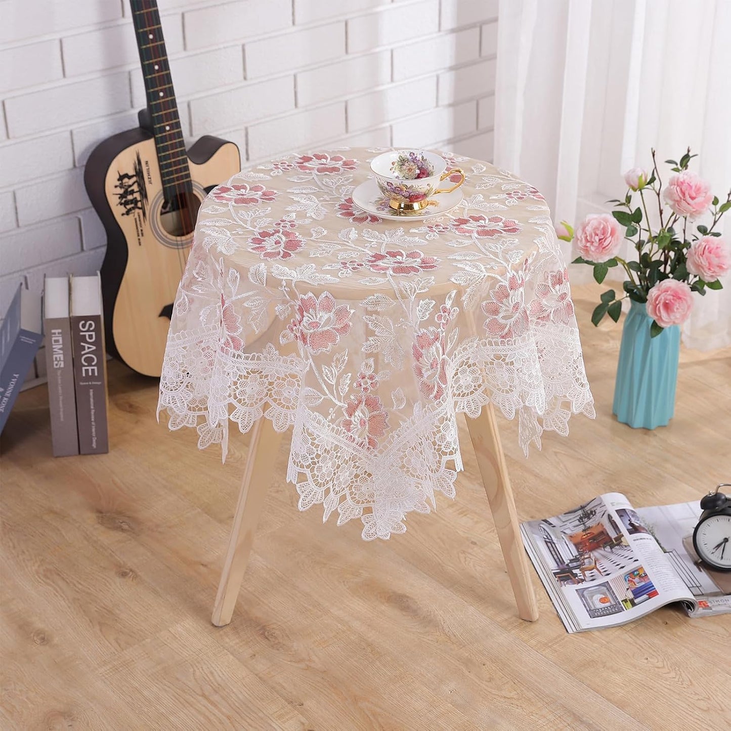 Round Embroidered Lace Tablecloth Vintage Decorative Exquisite Border Table Cover for Party Wedding Home Decorations, Round-35, White