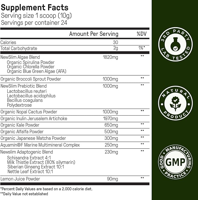 Happy Mammoth NewSlim SuperGreens with Spirulina, Chlorella & Prebiotics Blend for Adults, Supports Metabolism, Energy & Reduces Carb Cravings, 24 Servings, Vanilla Flavor