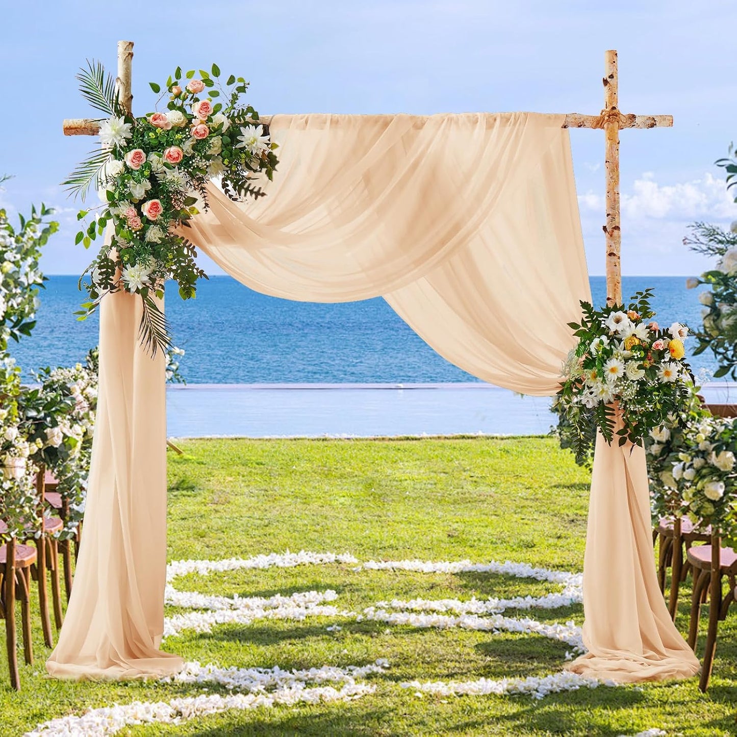 SiinvdaBZX 4 Panels Wedding Arch Draping Fabric 30" x 20Ft Champagne Sheer Chiffon Fabric Outdoor Extra Long Decorative Drapery for Party Ceremony Ceiling Curtain Backdrop