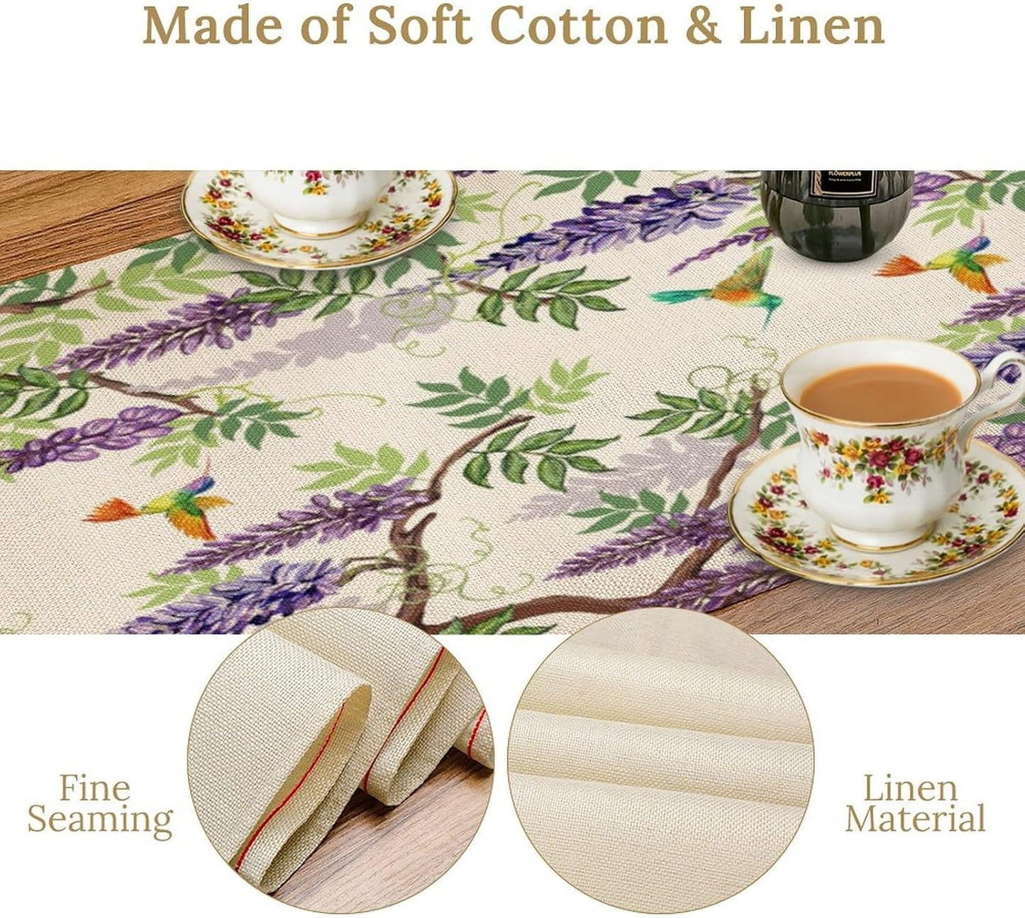 Vintage Bird Flower Table Runner Seasonal Spring Purple Wisteria Garden Plants Lavender Florals Farmhouse Country Kitchen Dinner Runner Dining Table Decoration for Home Party Holiday 13"x90"