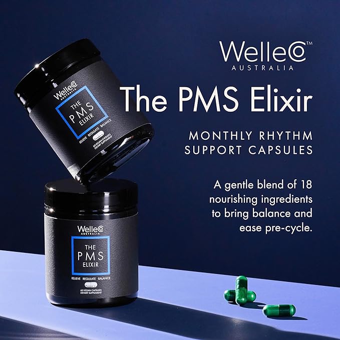 WelleCo The PMS Elixir Premenstrual Support Supplement for Women, Magnesium and Ashwagandha Capsules with Iron, Iodine, Broccoli Sprouts, Vitex, Chromium & B Vitamins, Vegan & Gluten Free, 60 Capsules