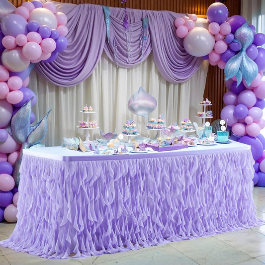 PARTISKY Lavender Purple Tulle Curly Willow Table Skirt for Rectangle Table 9ft, Ruffle Tutu Table Cloth for Girls Boys Baby Shower,Mermaid Birthday Party