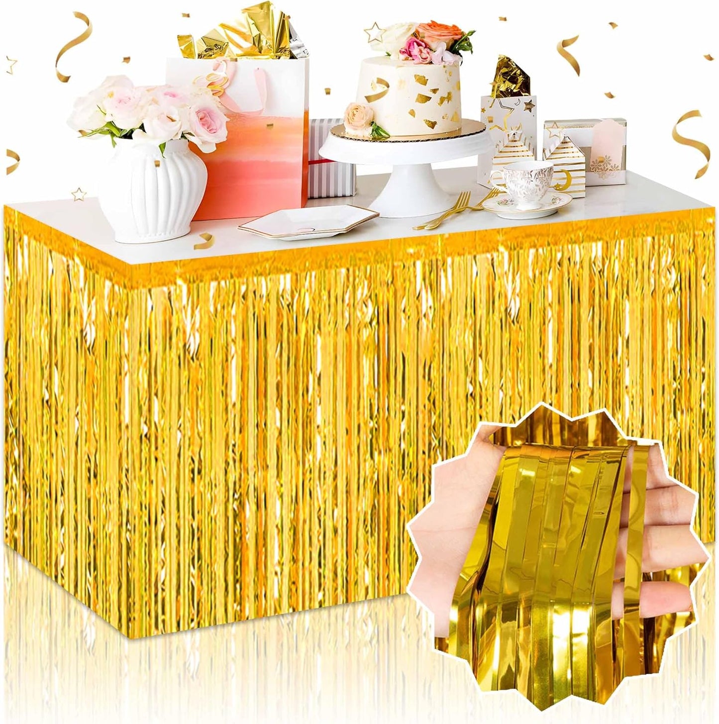 3 Pack 29 x108 Inch Gold Foil Fringe Table Skirts Metallic Banner for Tinsel Streamer Garland Backdrop for Parade Floats Mother's Day, Graduate, Birthday, Wedding Party Decoration