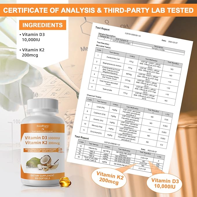 K2 D3 Vitamin Supplement, Vitamin D-3 & K-2 MK-7, 10,000 IU/200 mcg, with Virgin Non-GMO Coconut MCT Oil | 300 Vegan Softgels | Bone Health, Immune Support