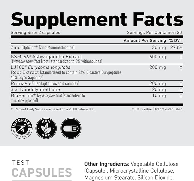 Kaged Test Capsules | Unflavored | Testosterone Booster Ferodrox | Premium Hormone Managment | LJ100 Tongkat Ali KSM-66 Ashwagandha Shilajit | Supplements for Men & Women | 60 Servings