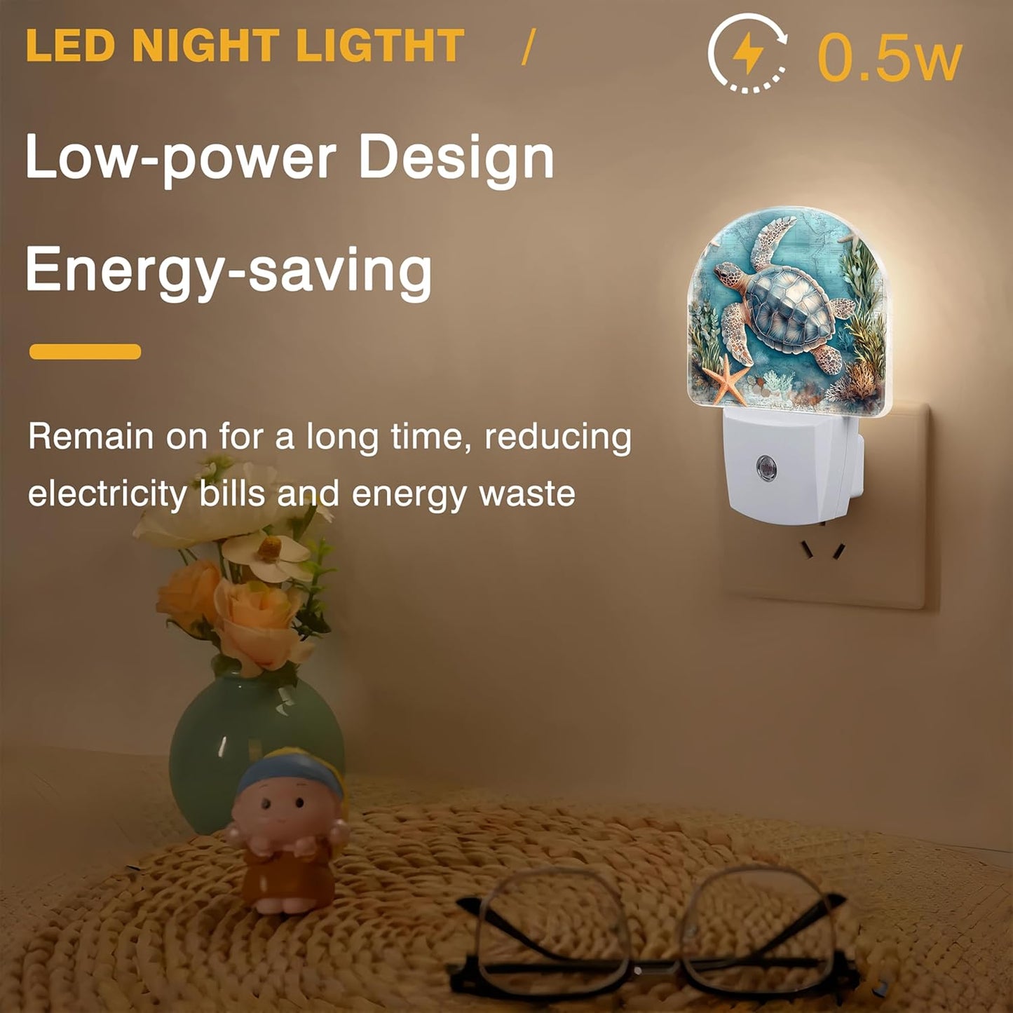 Starfish World Map Night Lights Plug into Wall Sea Turtle Night Light Dusk to Dawn Smart Sensor Decorative Round Led Lamp for Bedroom Kitchen Hallway Nightlight for Women Men