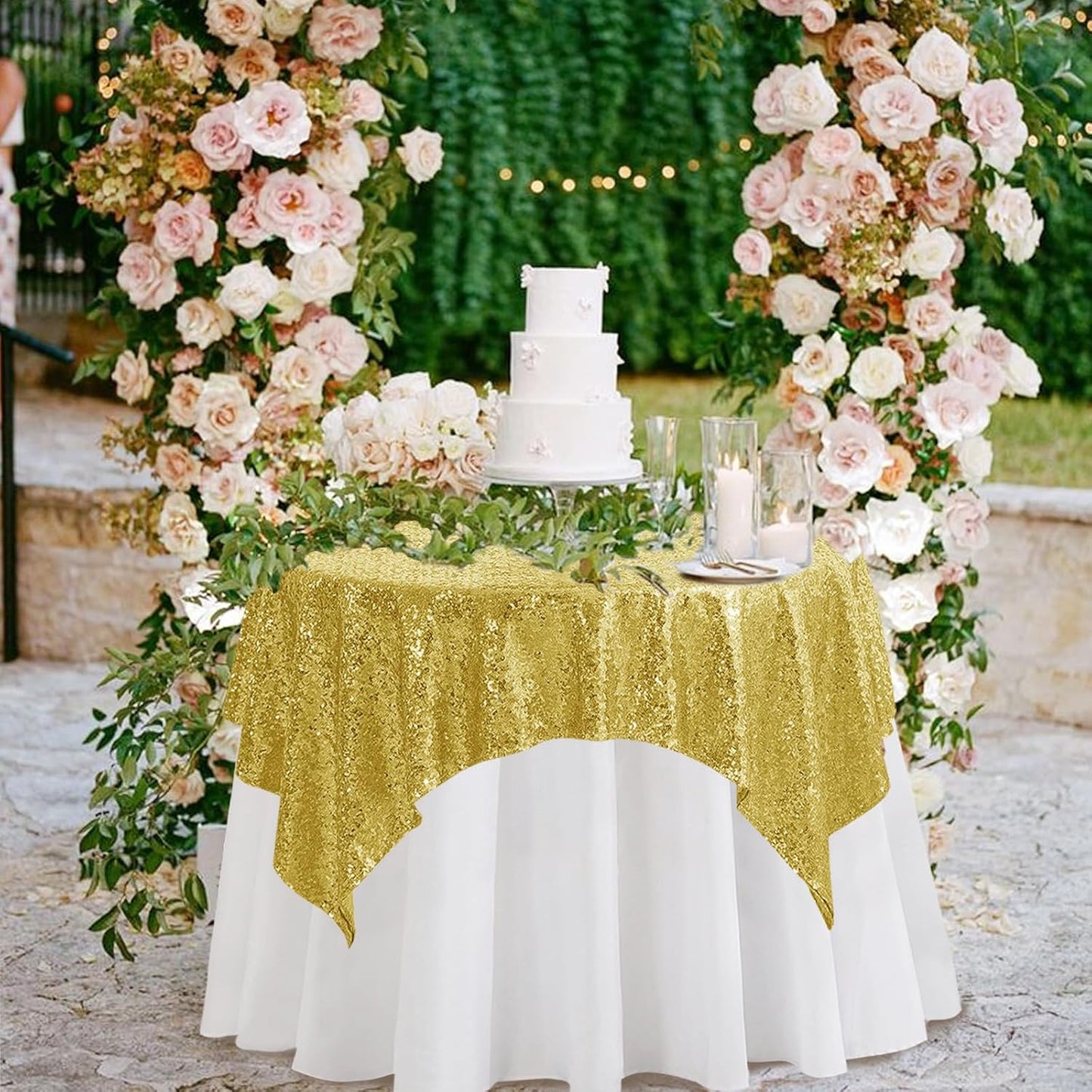 Gold Sequin Square Tablecloth - 50x50 inch, Luxurious Sparkle & Glitter Party Table Cloth, Wedding & Event Decoration