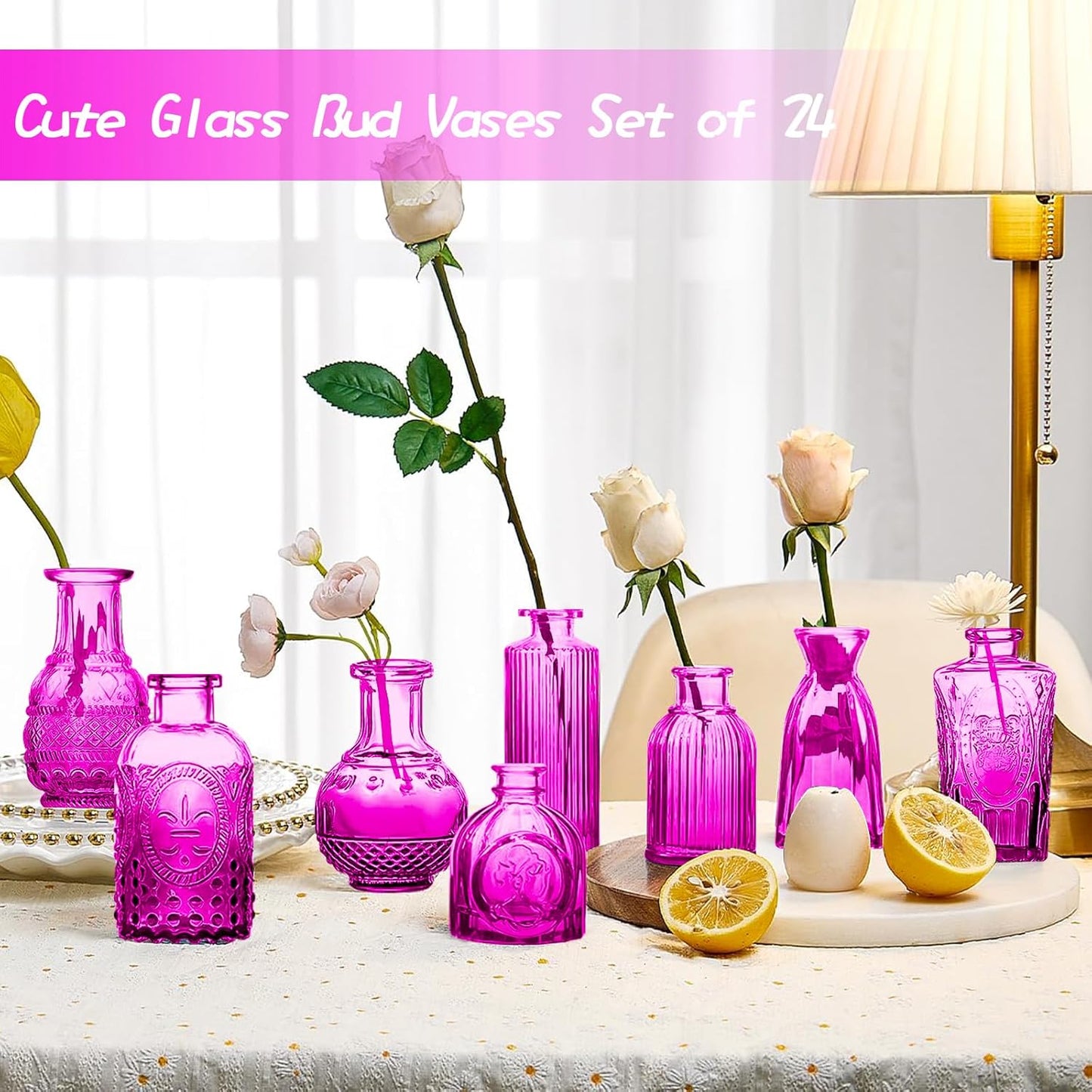 Glass Bud Vases Set of 24, Purple Vintage Small Vases for Flowers, Mini Glasses in Bulk, Small Flower Design for Centerpieces Wedding Decorations Home Flower Party Decor