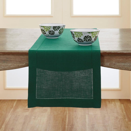Solino Home Linen Rainforest Green Table Runner 132 Inches Long - 100% Pure Linen Extra Long Table Runner 14 x 132 Inch for Fall, Autumn, Thanksgiving - Classic Hemstitch