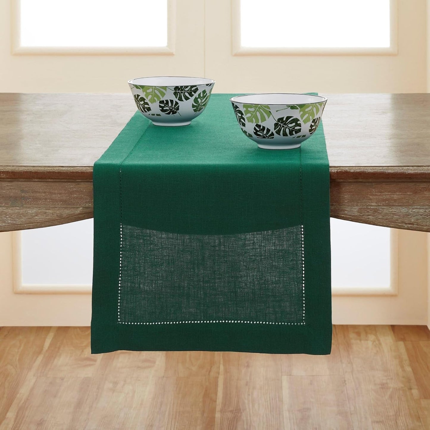 Solino Home Linen Rainforest Green Hemstitch Table Runner 48 Inches - 100% Pure Linen Small Table Runner 14 x 48 Inch Ideal for Dresser and Coffee Tables - Classic Hemstitch - Christmas, Thanksgiving