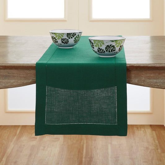 Solino Home Linen Rainforest Green Hemstitch Table Runner 48 Inches - 100% Pure Linen Small Table Runner 14 x 48 Inch Ideal for Dresser and Coffee Tables - Classic Hemstitch - Christmas, Thanksgiving