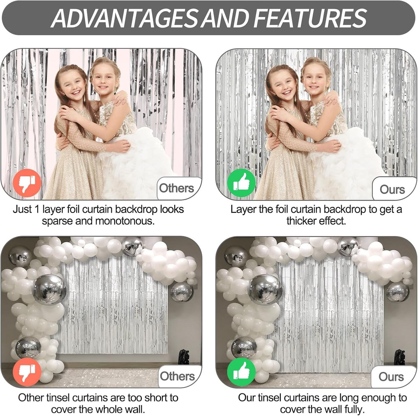 6 Pack Silver Foil Fringe Curtains Streamers Party Decorations 3.3 x 8.2 ft, Tinsel Curtain Fringe Backdrop for Parties, Silver Door Fringe Birthday Streamers, Photo Booth Backdrops, Party Decor