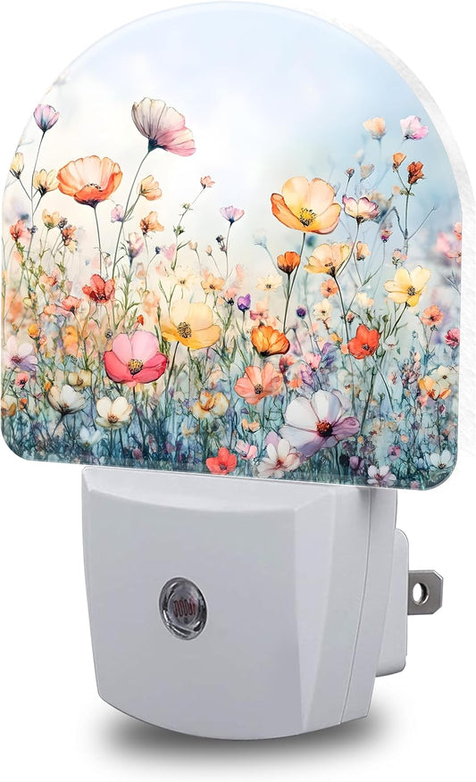 Night Lights Plug into Wall Watercolor Flowers Night Light Dusk to Dawn Smart Sensor Decorative Round Led Lamp for Bedroom Kitchen Hallway Nightlight for Women Men