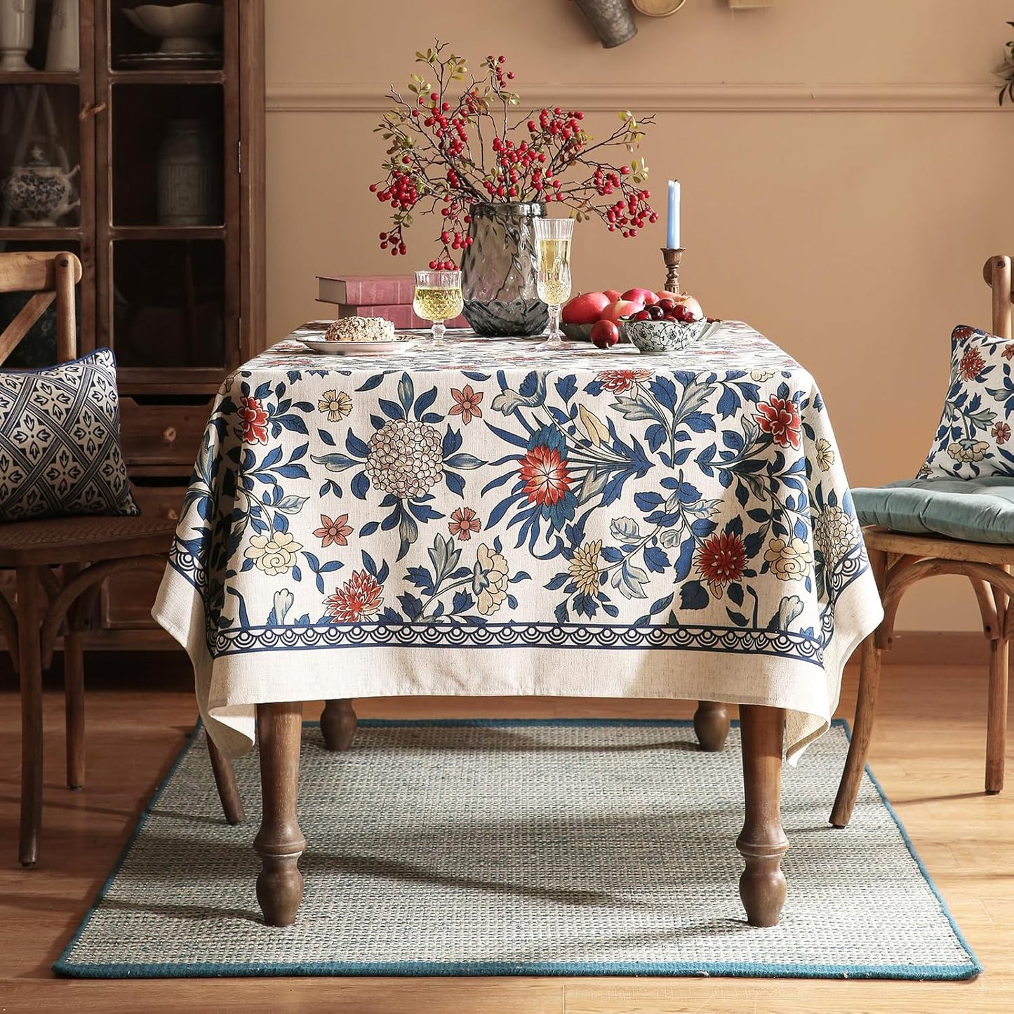 patdrea Designer Blue Tablecloth for Rectangle Table,Vintage Linen Leaves and Floral Pattern Extra Long Tablecloths,Floral Decor Cover for Kitchen Dining Christmas,Thanksgiving,67"x118"-Ivar a