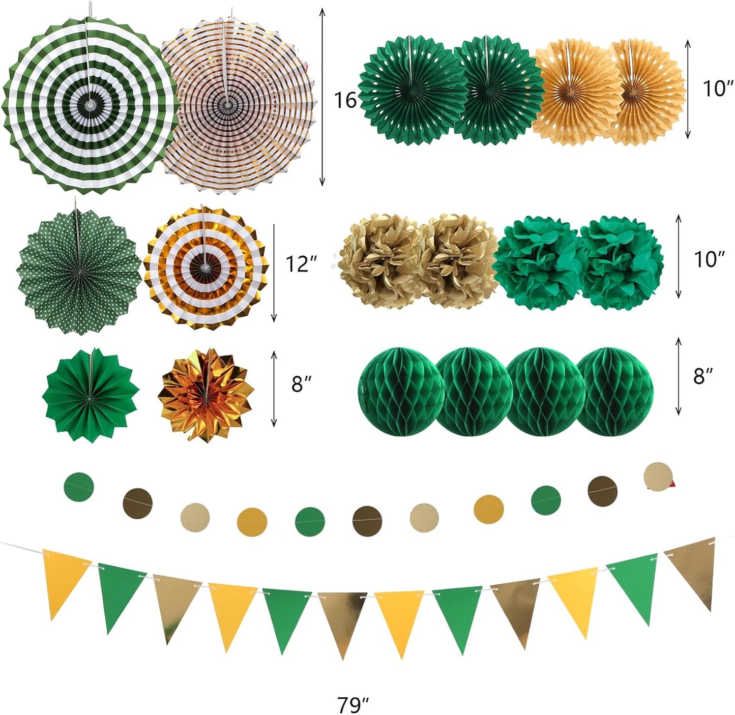 Green and Gold Party Decorations, 23Pcs Hanging Paper Fans, Pom Poms Flowers, Garland String Polka Dot and Triangle Bunting Flag Packs for Girl Birthday Bridal Shower Baby Showers