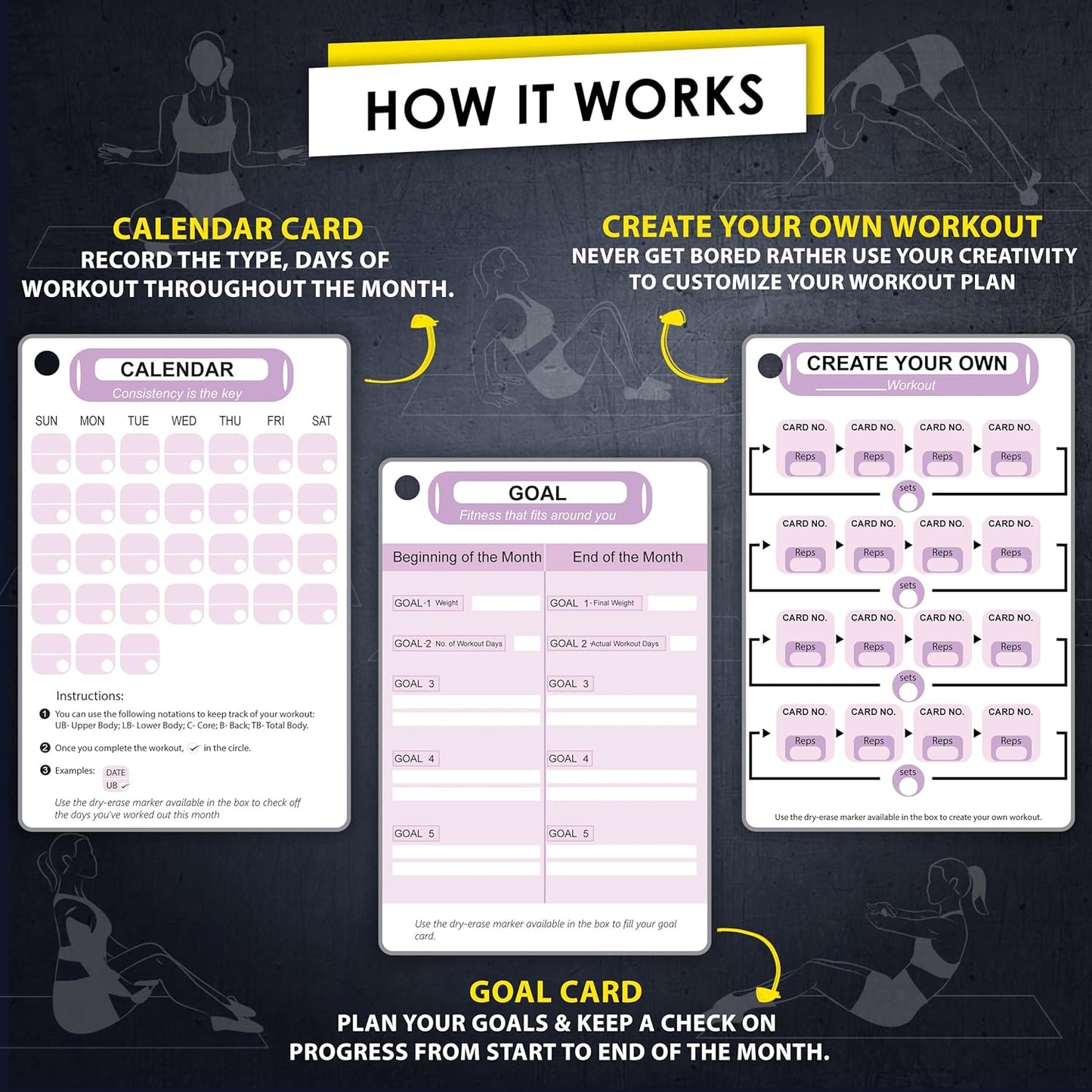 Pilates Workout Cards - 58 Exercise Cards with Pilates Mat Workout Postures, Video Instructions & Breathing Tips | Free Ring & Dry-Erase Marker to Create at home pilates womens workout planner