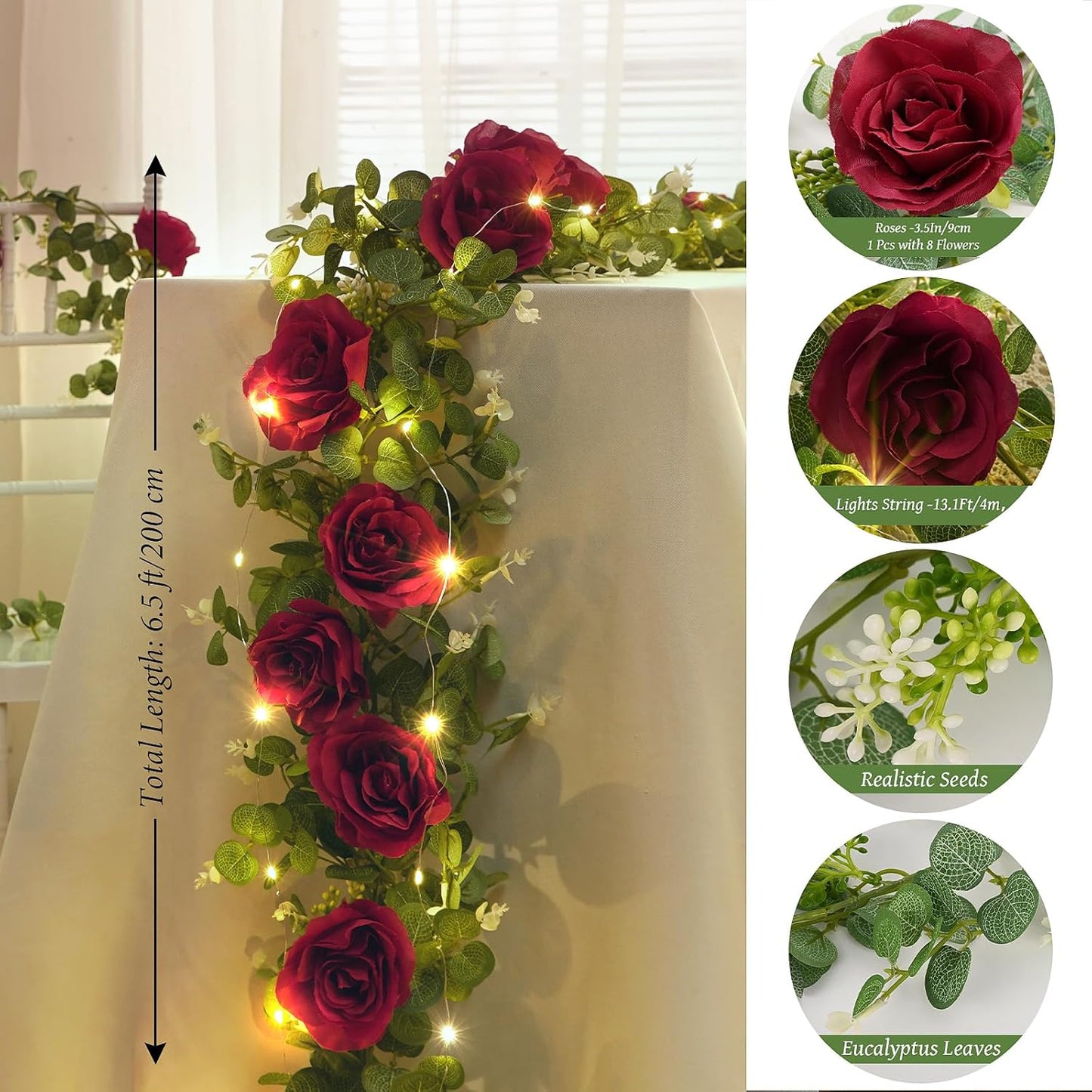 Dolicer 2Pcs 13Ft Artificial Eucalyptus Garlands with Flowers - 8 Roses, Faux Floral Greenery Garlands with 13Ft String Lights Fake Flowers Vines for Wedding Table Centerpieces Arch Party Decor (Red)