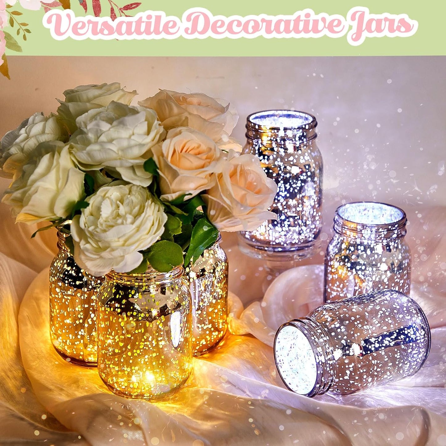 Layhit 6 Pcs Painted Mason Jars Colored Painted Mason Jars Centerpiece for Table with 6 Pcs 9.84 ft 30 LED Operated Fairy Lights for Wedding(Gold)