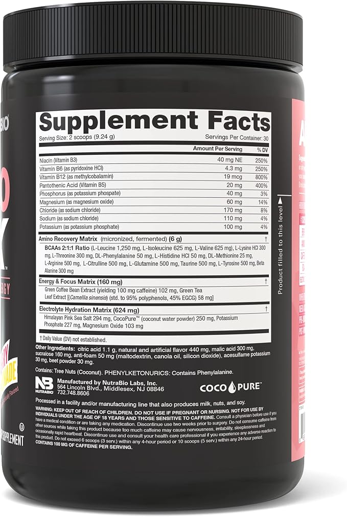 NutraBio Amino Kick – BCAA Powder with Natural Caffeine – Amino Acids Supplement for Energy, Hydration & Recovery – BCAAs, Electrolytes & Amino Acids – Raspberry Lemonade, 30 Servings