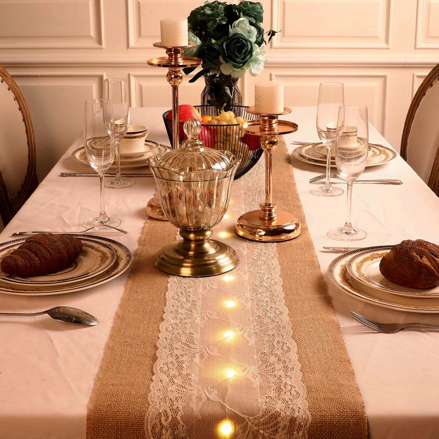 Burlap Table Runner with LED String Lights Rustic 12" x 108" Christmas Tablecloth Lighted Table Runner Farmhouse Decor for Wedding Bridal Shower Xmas Holiday (Pack of 2)