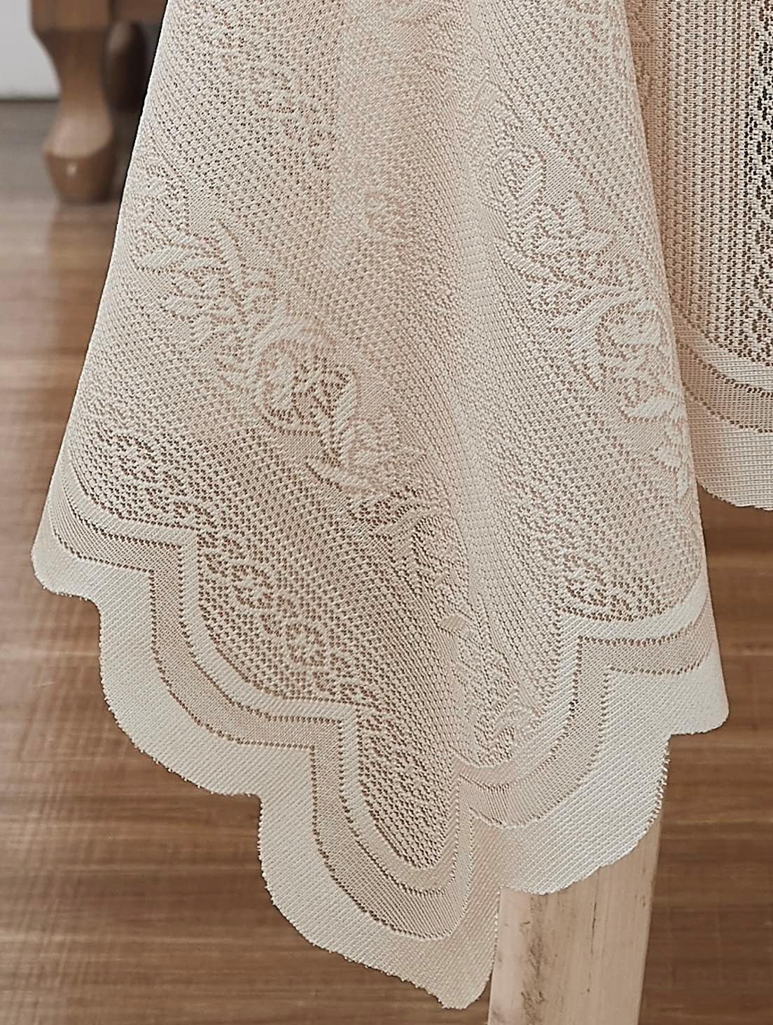 LinenZone Round Lace Tablecloth with Elegant Scalloped Bottom for Any Special Event Such as Wedding, Birthday Party, Baby Shower, Anniversary. Sits 4 to 6 People. (Linda 70 Round, Linen)