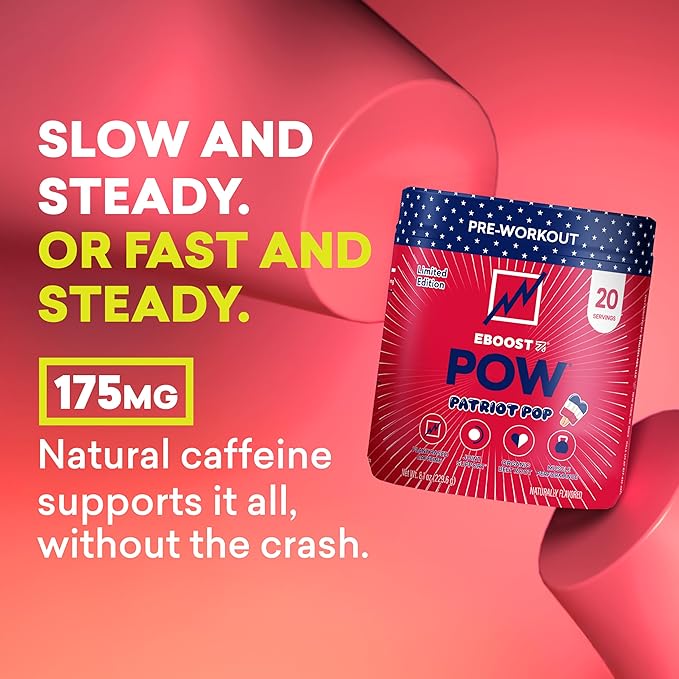 EBOOST POW Natural Pre Workout Powder - 20 Servings - Patriot Pop - Pre Workout Supplement for Performance, Joint Mobility Support, Energy, Focus - Men & Women - Non-GMO, Gluten-Free, No Creatine