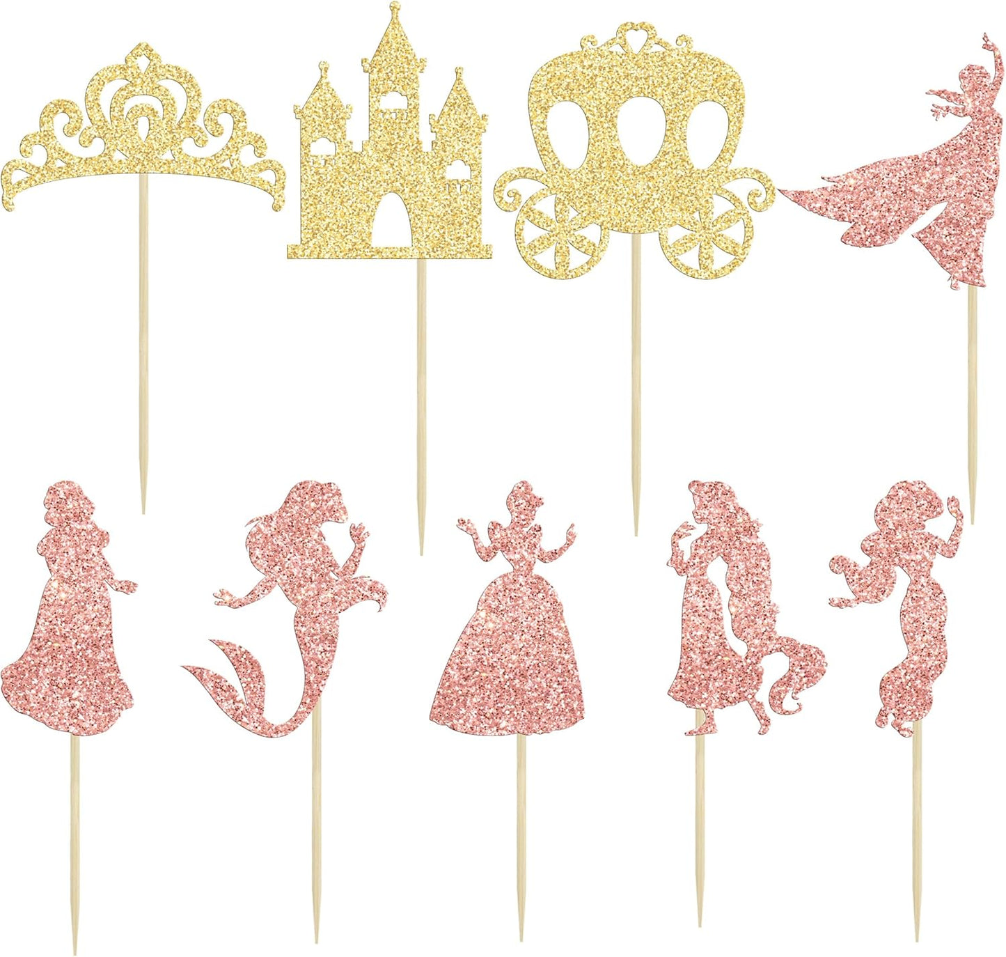 Gyufise 36Pcs Princess Cupcake Toppers Glitter Mermaid Girl Castle High Heel Crown Cupcake Picks Princess Theme Baby Shower Girls Birthday Party Cake Decorations Rose Gold